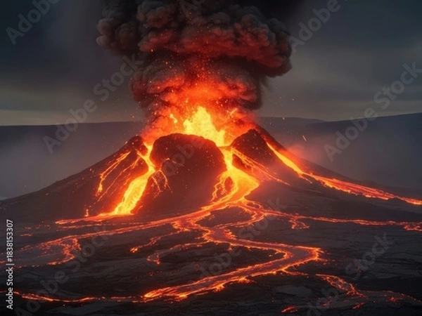 Fototapeta Volcanic eruption with lava flowing down the mountain and smoke rising up