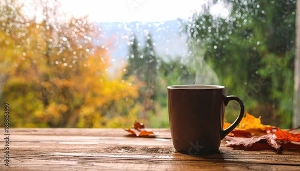 Obraz Steaming coffee cup on a rainy autumn day with fall view.