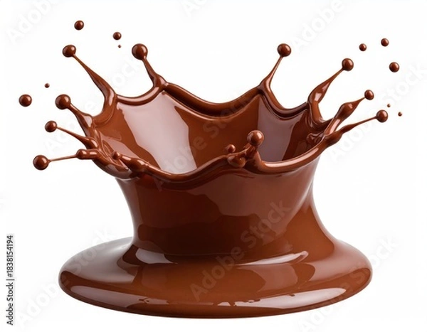 Fototapeta Chocolate splash with droplets against a white background