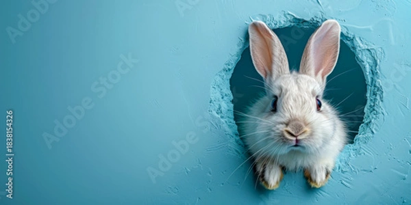 Fototapeta White bunny peeking through torn teal paper with curious expression and copy space to the left