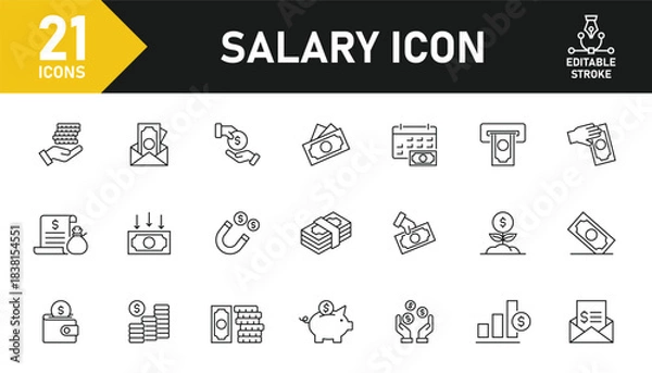 Obraz Salary line icon set. Set of 21 outline icons related to income, salary, wages, money, employee benefit, accounting, payment, finance and others. Editable stroke. Vector illustration.