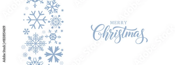 Fototapeta Elegant Merry Christmas greeting card with  blue snowflakes on white background and modern calligraphy text, minimalist festive winter holiday design, horizontal banner layout, copy space on right