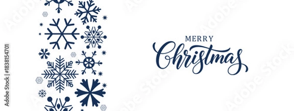 Fototapeta Elegant Merry Christmas greeting card with navy blue snowflakes on white background and modern calligraphy text, minimalist festive winter holiday design, horizontal banner layout, copy space on right