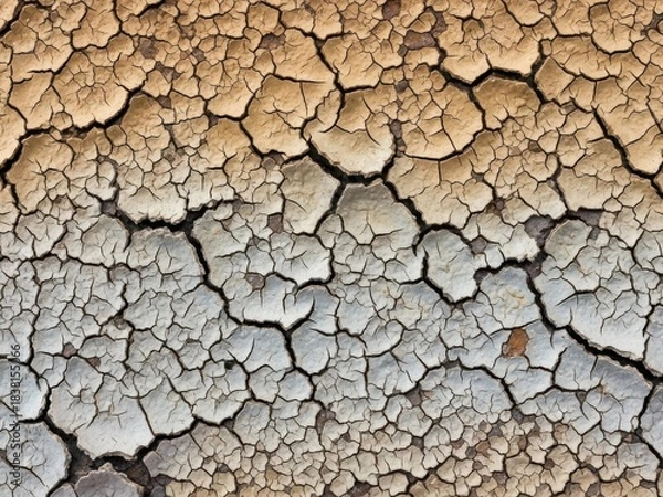 Fototapeta Dry cracked soil texture background in arid climate with global warming