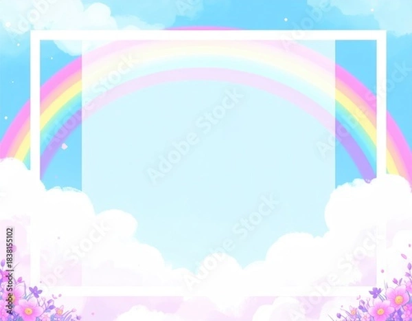 Fototapeta Pastel rainbow, clouds, and floral border in light sky