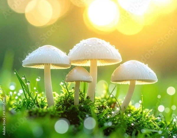 Fototapeta Dewy mushrooms on moss, backlit by bright, golden sunlight