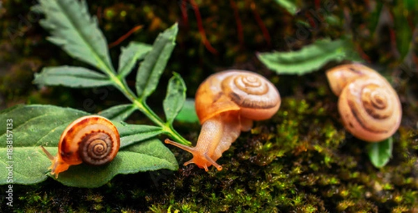 Fototapeta close-up of three freshly hatched Achatina fulica snail resting on green leaf and lush mossy background in forest , early developmental stage of gastropods in natural micro-ecosystem