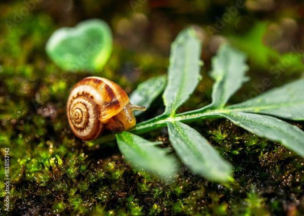 Fototapeta Detailed close-up of freshly hatched Achatina fulica snail resting on a green leaf against lush mossy background. Tiny terrestrial snail in its early developmental stage in a natural micro-ecosystem
