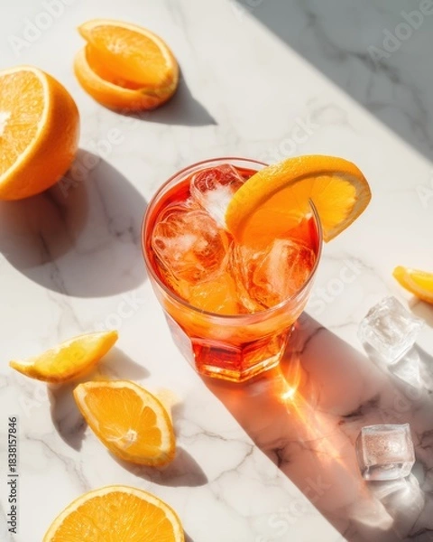 Fototapeta Refreshing Aperol Spritz cocktail with orange slices and ice on white marble for summer beverage menu, bar promotion, restaurant branding, lifestyle content

