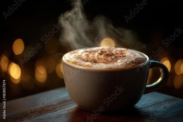 Fototapeta Macro shot of steaming gingerbread latte with cinnamon on dark wood for café promotions, holiday marketing, seasonal menu launch, cozy winter content

