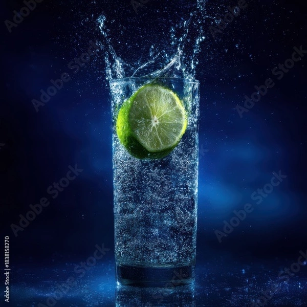 Fototapeta Lime slice splashing into sparkling water on deep blue background for premium beverage campaign, luxury drink branding, refreshing summer ad content

