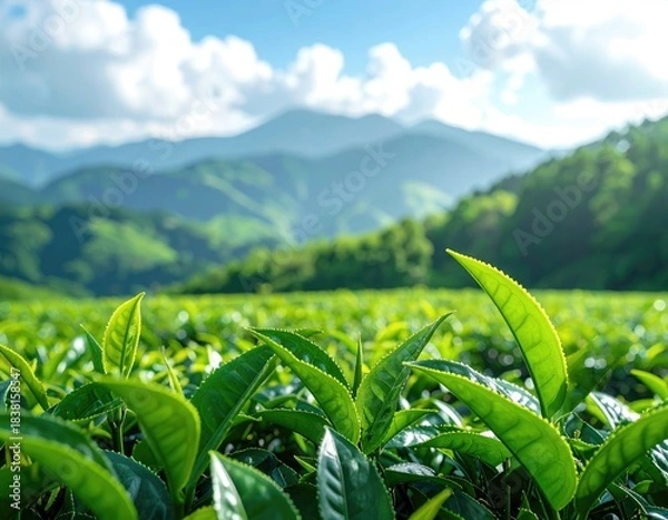 Fototapeta Tea leaves in sunlit fields, mountains & sky backdrop