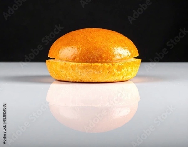 Fototapeta Glossy, golden bun on shiny surface, dark background