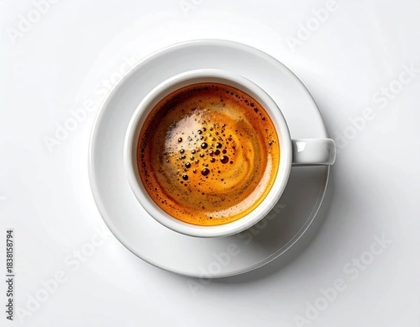 Fototapeta Cup of espresso, top view, on matching saucer, white