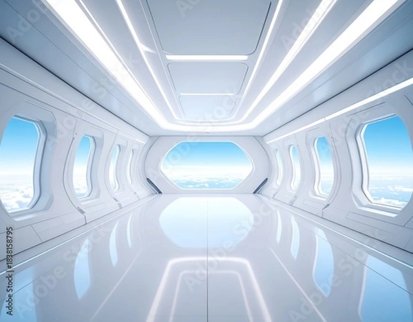 Fototapeta Bright, futuristic white corridor with sky views