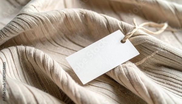 Obraz Blank Price Tag on Beige Knitted Fabric with Closeup, and Textile.