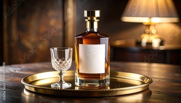 Obraz Luxury Whiskey Decanter and Glass on Golden Tray with Warm Background.
