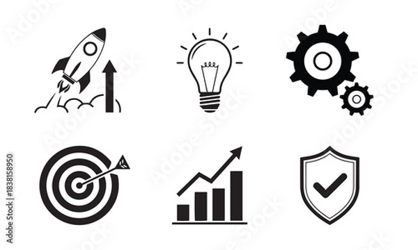 Fototapeta Business startup and strategy icon set. Rocket launch, light bulb idea, target goal, financial growth chart, and security shield vector.
