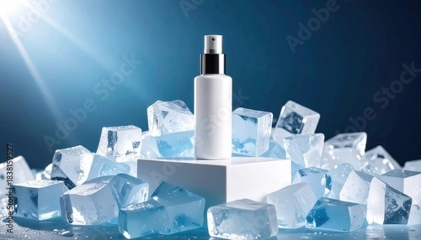 Obraz White Spray Bottle on Ice Cubes with Product Mockup, and Cool Background.