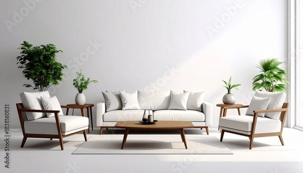 Fototapeta Modular White Sectional Sofa with Coffee Table and Ottoman