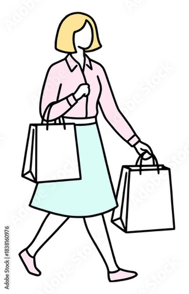 Obraz 買い物をする女性の全身線画イラスト - ショッピング・セール・バーゲン・紙袋・消費・購入