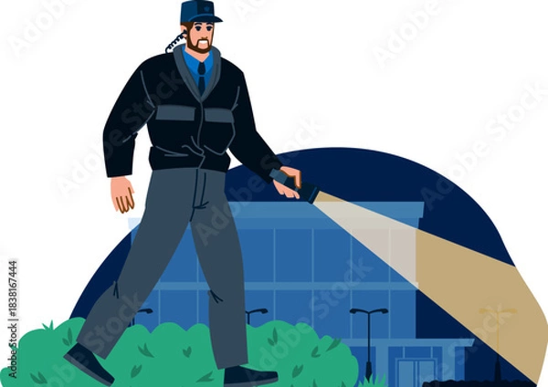 Obraz Security guard patrolling outside building at night