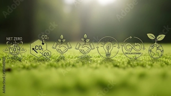 Obraz Global sustainable development icons on green grass, environmental concept