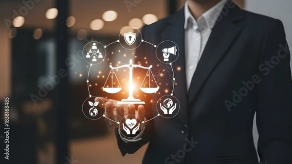 Obraz Business person holding scales of justice with ethical and legal responsibility icons.