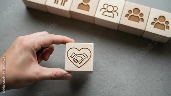 Obraz Solidarity and trust: hand holds wooden block with heart handshake symbol