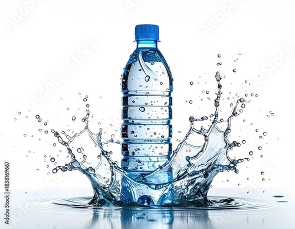 Fototapeta Water bottle explodes, splash, blue cap, clear liquid