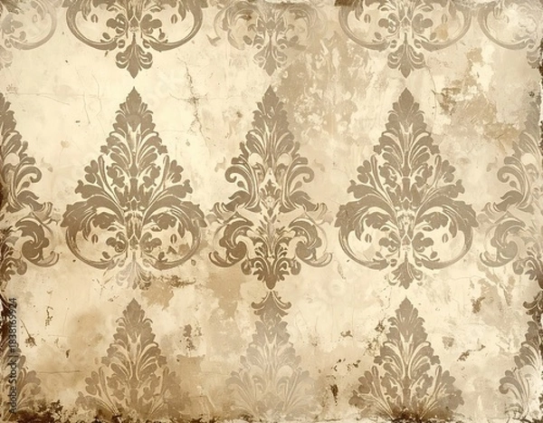 Fototapeta Vintage damask floral with weathered, distressed texture