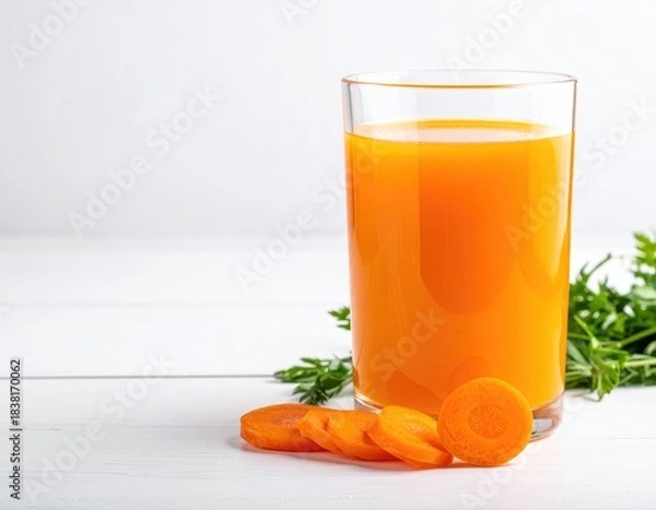 Fototapeta Bright carrot juice, slices, parsley on white table