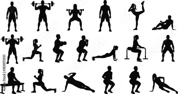 Obraz Silhouettes of fitness people performing various exercises including weightlifting, squats, lunges, and bodyweight training, representing healthy active lifestyle, gym workout, and physical strength