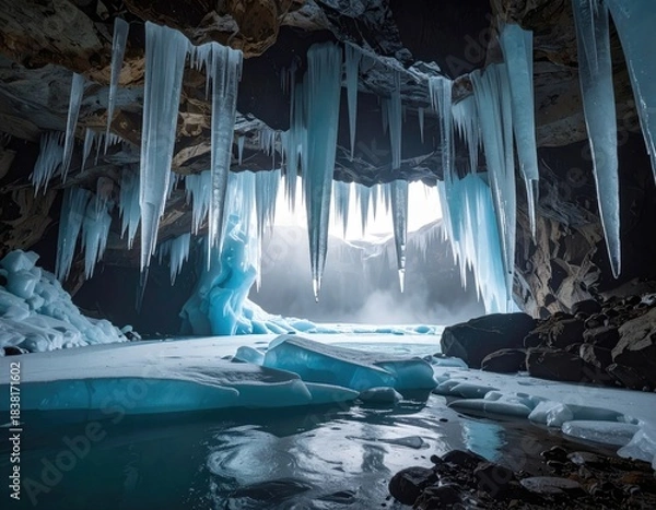 Fototapeta Ice cave reveals light; waterfall backdrop