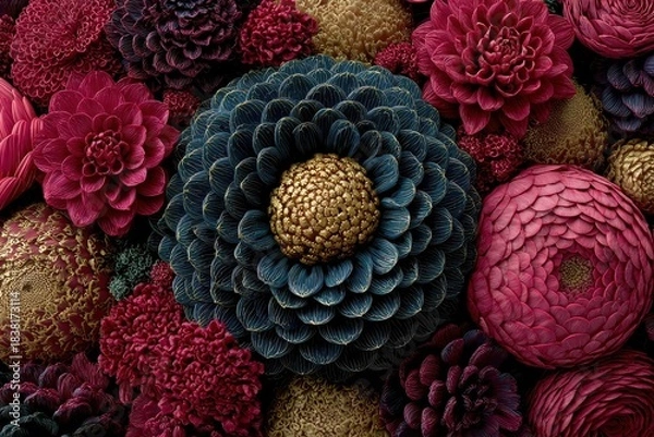 Obraz A captivating array of vibrant floral arrangements features dahlias in shades of red, blue, and gold, creating a visually stunning and elegant botanical display