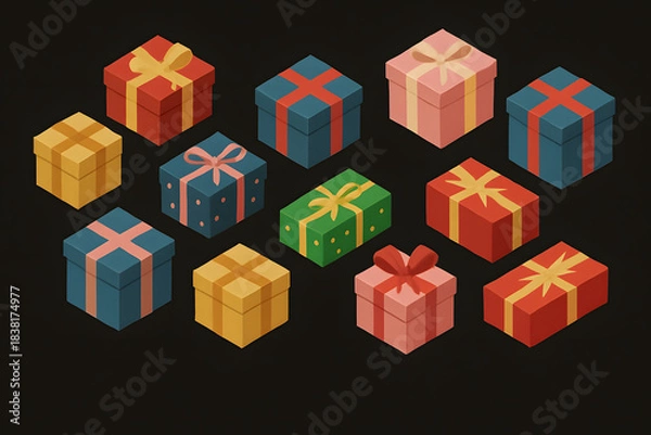 Fototapeta 黒背景に並んだカラフルなギフトボックスのアイソメトリックイラスト