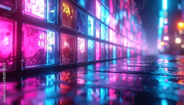 Fototapeta Neon Grid Sci-Fi Landscape with Cosmic Sky and Digital Horizon
