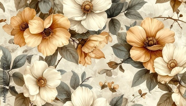 Fototapeta Vintage Floral Pattern with Cream and Orange Blooms on Textured Background