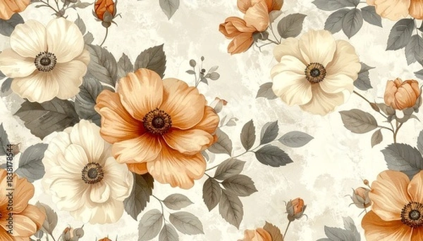 Fototapeta Vintage Floral Pattern with Cream and Orange Blooms on Textured Background