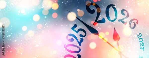 Obraz Vibrant clock illustration marks the transition from 2025 to 2026 in a festive winter glow. Vector illustration.