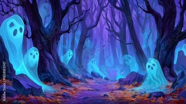 Obraz Spooky Forest with Glowing Ghosts.