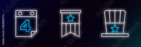 Obraz Set line Patriotic American top hat, Calendar with date July 4 and flag icon. Glowing neon. Vector