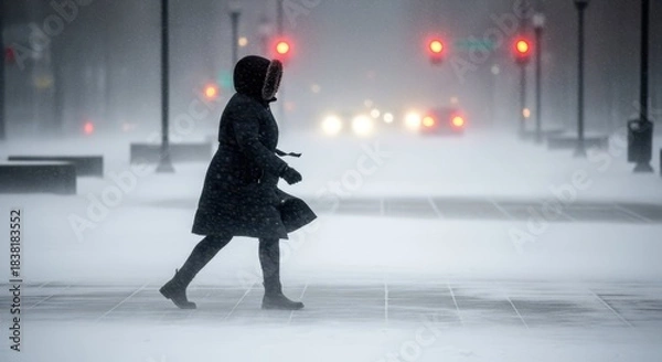 Obraz Person navigates fierce winter storm on snowy urban street with blurred car lights. Harsh winter storm creates challenging conditions for city travel, pedestrian journey.