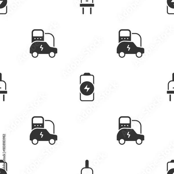 Obraz Set Electric plug, Battery charge and car on seamless pattern. Vector