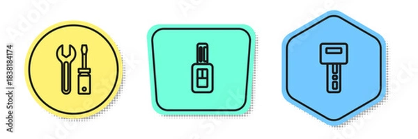 Obraz Set line Screwdriver and wrench spanner, Car key with remote and . Colored shapes. Vector