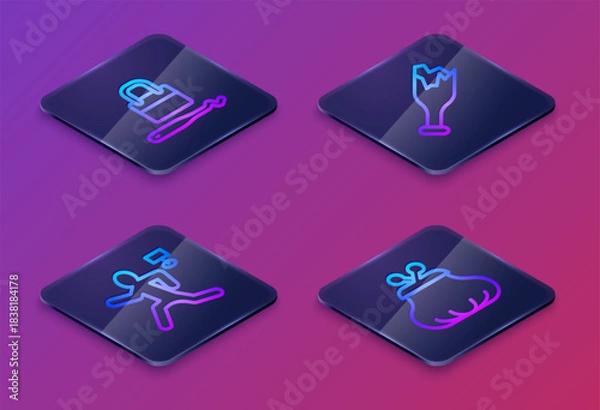 Obraz Set Isometric line Lock picks for lock picking, Murder, Broken bottle as weapon and Wallet. Blue square button. Vector