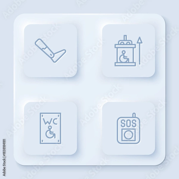 Obraz Set line Prosthesis leg, Elevator for disabled, Separated toilet and Press SOS button. White square button. Vector