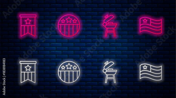 Obraz Set line Medal with star, Barbecue grill, American flag and . Glowing neon icon on brick wall. Vector