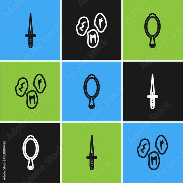 Obraz Set line Dagger, Magic hand mirror and runes icon. Vector