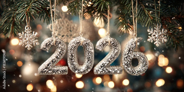 Obraz New Year festive background with sparkling numbers 2026, festive fireworks, bokeh effect